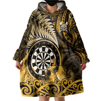 Personalised New Zealand Darts Wearable Blanket Hoodie Maori Koru Dartboard Gold Flame