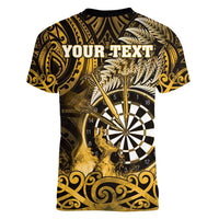 Personalised New Zealand Darts Women V-Neck T-Shirt Maori Koru Dartboard Gold Flame