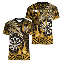 Personalised New Zealand Darts Women V-Neck T-Shirt Maori Koru Dartboard Gold Flame