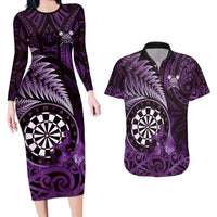Personalised New Zealand Darts Couples Matching Long Sleeve Bodycon Dress and Hawaiian Shirt Maori Koru Dartboard Purple Flame
