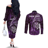 Personalised New Zealand Darts Couples Matching Off The Shoulder Long Sleeve Dress and Long Sleeve Button Shirt Maori Koru Dartboard Purple Flame