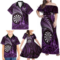 Personalised New Zealand Darts Family Matching Off Shoulder Maxi Dress and Hawaiian Shirt Maori Koru Dartboard Purple Flame