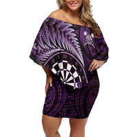 Personalised New Zealand Darts Family Matching Off Shoulder Short Dress and Hawaiian Shirt Maori Koru Dartboard Purple Flame