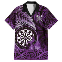 Personalised New Zealand Darts Family Matching Short Sleeve Bodycon Dress and Hawaiian Shirt Maori Koru Dartboard Purple Flame