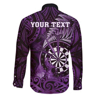 Personalised New Zealand Darts Family Matching Short Sleeve Bodycon Dress and Hawaiian Shirt Maori Koru Dartboard Purple Flame