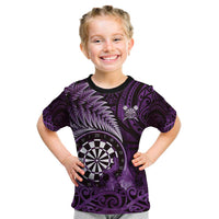Personalised New Zealand Darts Kid T Shirt Maori Koru Dartboard Purple Flame
