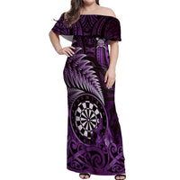 Personalised New Zealand Darts Off Shoulder Maxi Dress Maori Koru Dartboard Purple Flame