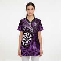 Personalised New Zealand Darts Scrub Top Maori Koru Dartboard Purple Flame - Polynesian Pride