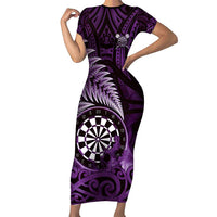 Personalised New Zealand Darts Short Sleeve Bodycon Dress Maori Koru Dartboard Purple Flame