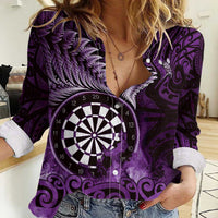 Personalised New Zealand Darts Women Casual Shirt Maori Koru Dartboard Purple Flame LT05 Female Purple - Polynesian Pride