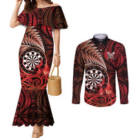 Personalised New Zealand Darts Couples Matching Mermaid Dress and Long Sleeve Button Shirt Maori Koru Dartboard Red Flame