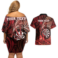 Personalised New Zealand Darts Couples Matching Off Shoulder Short Dress and Hawaiian Shirt Maori Koru Dartboard Red Flame