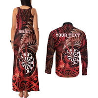 Personalised New Zealand Darts Couples Matching Tank Maxi Dress and Long Sleeve Button Shirt Maori Koru Dartboard Red Flame