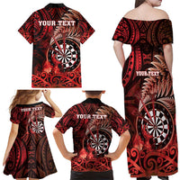 Personalised New Zealand Darts Family Matching Off Shoulder Maxi Dress and Hawaiian Shirt Maori Koru Dartboard Red Flame