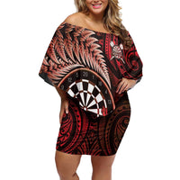 Personalised New Zealand Darts Family Matching Off Shoulder Short Dress and Hawaiian Shirt Maori Koru Dartboard Red Flame