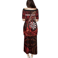 Personalised New Zealand Darts Family Matching Puletasi and Hawaiian Shirt Maori Koru Dartboard Red Flame