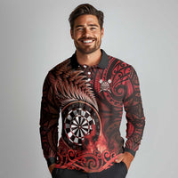 Personalised New Zealand Darts Long Sleeve Polo Shirt Maori Koru Dartboard Red Flame
