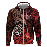Personalised New Zealand Darts Zip Hoodie Maori Koru Dartboard Red Flame