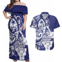 Guam Chief Quipuha Couples Matching Off Shoulder Maxi Dress and Hawaiian Shirt Polynesian Pattern With Guasali Flowers