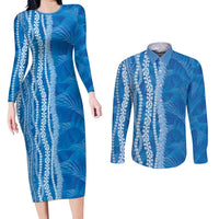 Hawaii Prince Kuhio Couples Matching Long Sleeve Bodycon Dress and Long Sleeve Button Shirt Blue Hawaiian Lau Maia With Leis LT05 Blue - Polynesian Pride