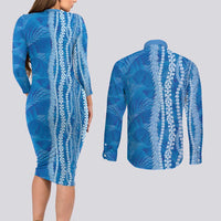 Hawaii Prince Kuhio Couples Matching Long Sleeve Bodycon Dress and Long Sleeve Button Shirt Blue Hawaiian Lau Maia With Leis LT05 - Polynesian Pride