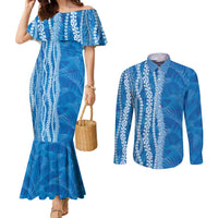 Hawaii Prince Kuhio Couples Matching Mermaid Dress and Long Sleeve Button Shirt Blue Hawaiian Lau Maia With Leis LT05 Blue - Polynesian Pride