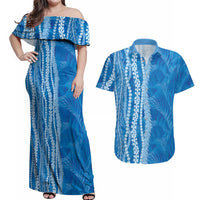 Hawaii Prince Kuhio Couples Matching Off Shoulder Maxi Dress and Hawaiian Shirt Blue Hawaiian Lau Maia With Leis LT05 Blue - Polynesian Pride