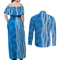 Hawaii Prince Kuhio Couples Matching Off Shoulder Maxi Dress and Long Sleeve Button Shirt Blue Hawaiian Lau Maia With Leis LT05 - Polynesian Pride