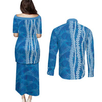 Hawaii Prince Kuhio Couples Matching Puletasi and Long Sleeve Button Shirt Blue Hawaiian Lau Maia With Leis LT05 - Polynesian Pride