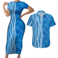 Hawaii Prince Kuhio Couples Matching Short Sleeve Bodycon Dress and Hawaiian Shirt Blue Hawaiian Lau Maia With Leis