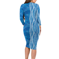 Hawaii Prince Kuhio Long Sleeve Bodycon Dress Blue Hawaiian Lau Maia With Leis LT05 - Polynesian Pride