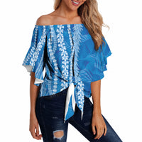 Hawaii Prince Kuhio Off Shoulder Wrap Waist Top Blue Hawaiian Lau Maia With Leis LT05 - Polynesian Pride