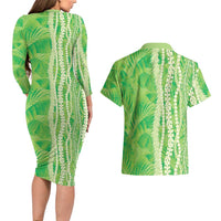 Hawaii Prince Kuhio Couples Matching Long Sleeve Bodycon Dress and Hawaiian Shirt Lime Green Hawaiian Lau Maia With Leis