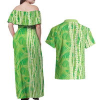 Hawaii Prince Kuhio Couples Matching Off Shoulder Maxi Dress and Hawaiian Shirt Lime Green Hawaiian Lau Maia With Leis LT05 - Polynesian Pride