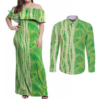 Hawaii Prince Kuhio Couples Matching Off Shoulder Maxi Dress and Long Sleeve Button Shirt Lime Green Hawaiian Lau Maia With Leis LT05 Green - Polynesian Pride