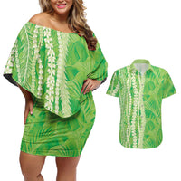 Hawaii Prince Kuhio Couples Matching Off Shoulder Short Dress and Hawaiian Shirt Lime Green Hawaiian Lau Maia With Leis
