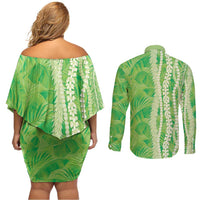 Hawaii Prince Kuhio Couples Matching Off Shoulder Short Dress and Long Sleeve Button Shirt Lime Green Hawaiian Lau Maia With Leis LT05 - Polynesian Pride
