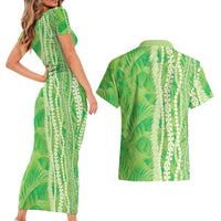 Hawaii Prince Kuhio Couples Matching Short Sleeve Bodycon Dress and Hawaiian Shirt Lime Green Hawaiian Lau Maia With Leis