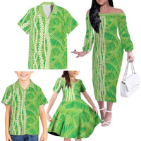 Hawaii Prince Kuhio Family Matching Off The Shoulder Long Sleeve Dress and Hawaiian Shirt Lime Green Hawaiian Lau Maia With Leis LT05 - Polynesian Pride