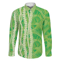 Hawaii Prince Kuhio Family Matching Off Shoulder Maxi Dress and Hawaiian Shirt Lime Green Hawaiian Lau Maia With Leis LT05 Dad's Shirt - Long Sleeve Green - Polynesian Pride