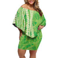 Hawaii Prince Kuhio Family Matching Off Shoulder Short Dress and Hawaiian Shirt Lime Green Hawaiian Lau Maia With Leis LT05 Mom's Dress Green - Polynesian Pride