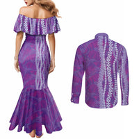 Hawaii Prince Kuhio Couples Matching Mermaid Dress and Long Sleeve Button Shirt Violet Hawaiian Lau Maia With Leis LT05 - Polynesian Pride