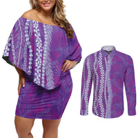 Hawaii Prince Kuhio Couples Matching Off Shoulder Short Dress and Long Sleeve Button Shirt Violet Hawaiian Lau Maia With Leis LT05 Violet - Polynesian Pride