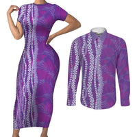 Hawaii Prince Kuhio Couples Matching Short Sleeve Bodycon Dress and Long Sleeve Button Shirt Violet Hawaiian Lau Maia With Leis LT05 Violet - Polynesian Pride
