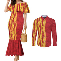 Hawaii Prince Kuhio Couples Matching Mermaid Dress and Long Sleeve Button Shirt Red Hawaiian Lau Maia With Leis LT05 Red - Polynesian Pride