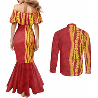 Hawaii Prince Kuhio Couples Matching Mermaid Dress and Long Sleeve Button Shirt Red Hawaiian Lau Maia With Leis LT05 - Polynesian Pride