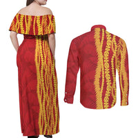 Hawaii Prince Kuhio Couples Matching Off Shoulder Maxi Dress and Long Sleeve Button Shirt Red Hawaiian Lau Maia With Leis LT05 - Polynesian Pride