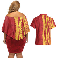 Hawaii Prince Kuhio Couples Matching Off Shoulder Short Dress and Hawaiian Shirt Red Hawaiian Lau Maia With Leis LT05 - Polynesian Pride