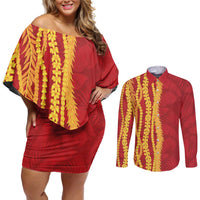 Hawaii Prince Kuhio Couples Matching Off Shoulder Short Dress and Long Sleeve Button Shirt Red Hawaiian Lau Maia With Leis LT05 Red - Polynesian Pride