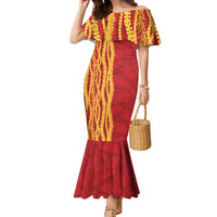 Hawaii Prince Kuhio Family Matching Mermaid Dress and Hawaiian Shirt Red Hawaiian Lau Maia With Leis LT05 Mom's Dress Red - Polynesian Pride